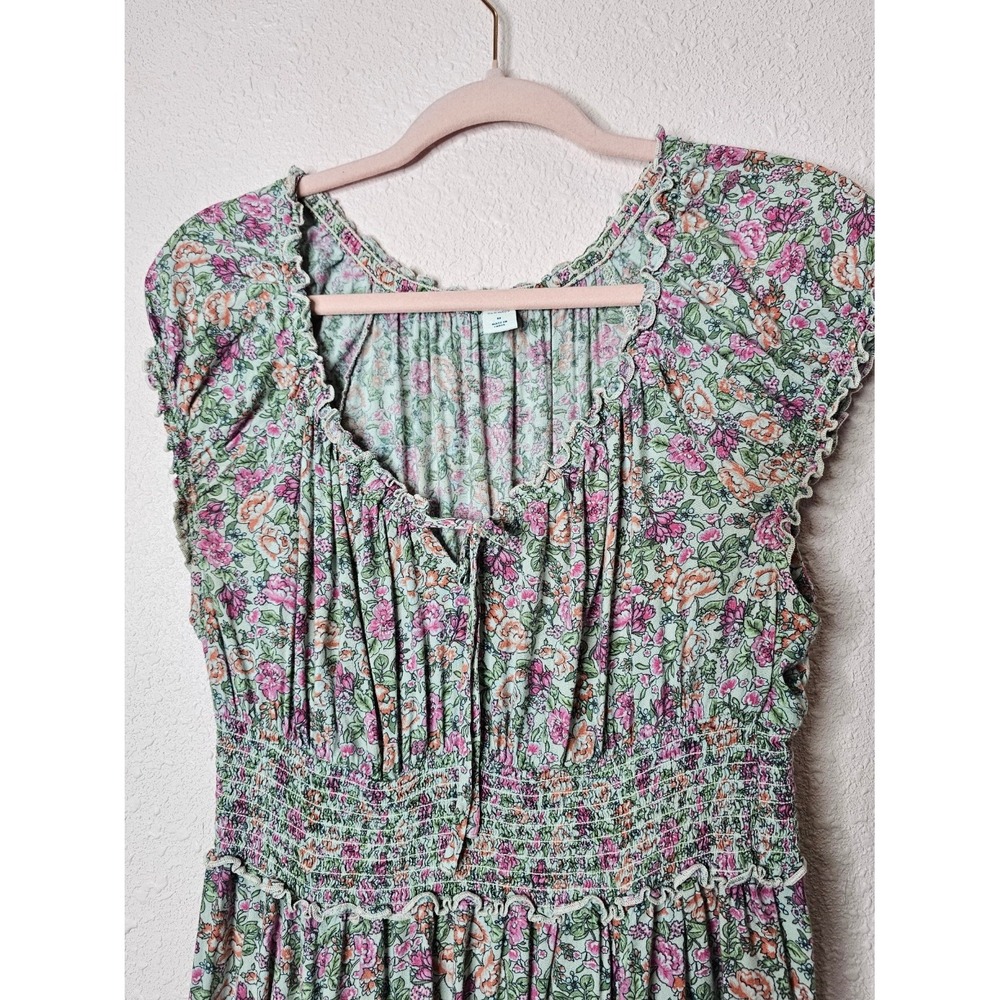Old Navy Womens Green Floral Smocked Tiered Dress M Cottage Core Prairie Garden